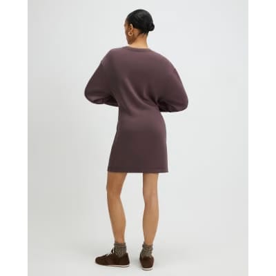 Brown Premium Tie Front Mini Sweatshirt Dress