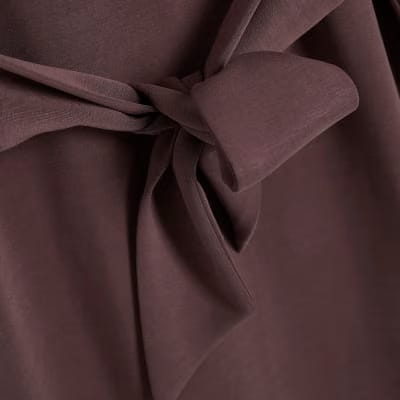 Brown Premium Tie Front Mini Sweatshirt Dress