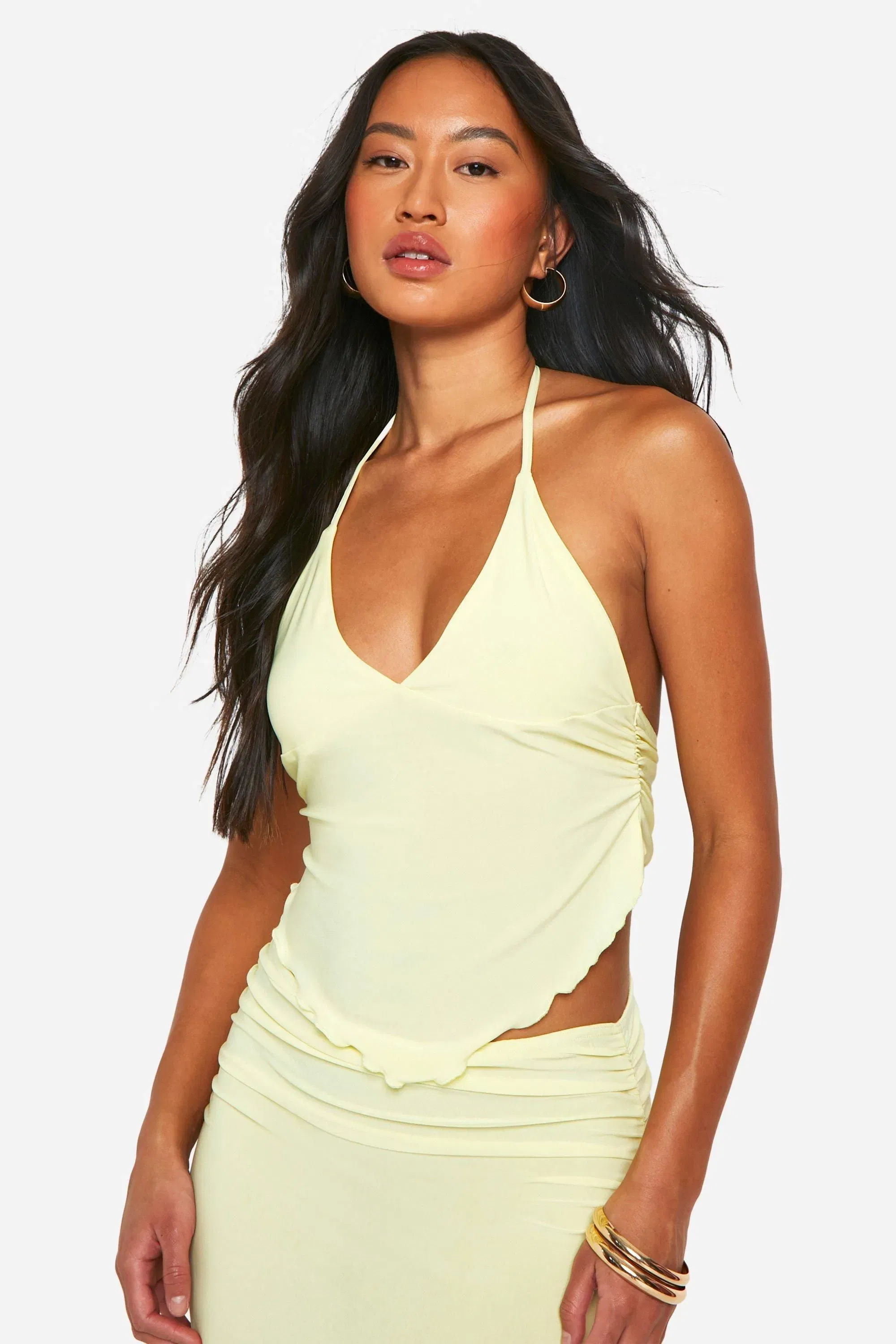 Asymmetric Lettuce Hem Halter Neck Top