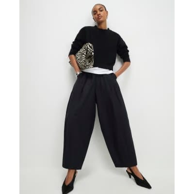Black Poplin Barrel Leg Trousers