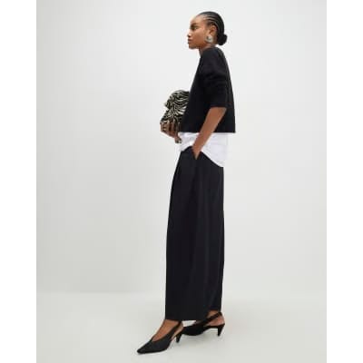Black Poplin Barrel Leg Trousers