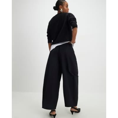 Black Poplin Barrel Leg Trousers