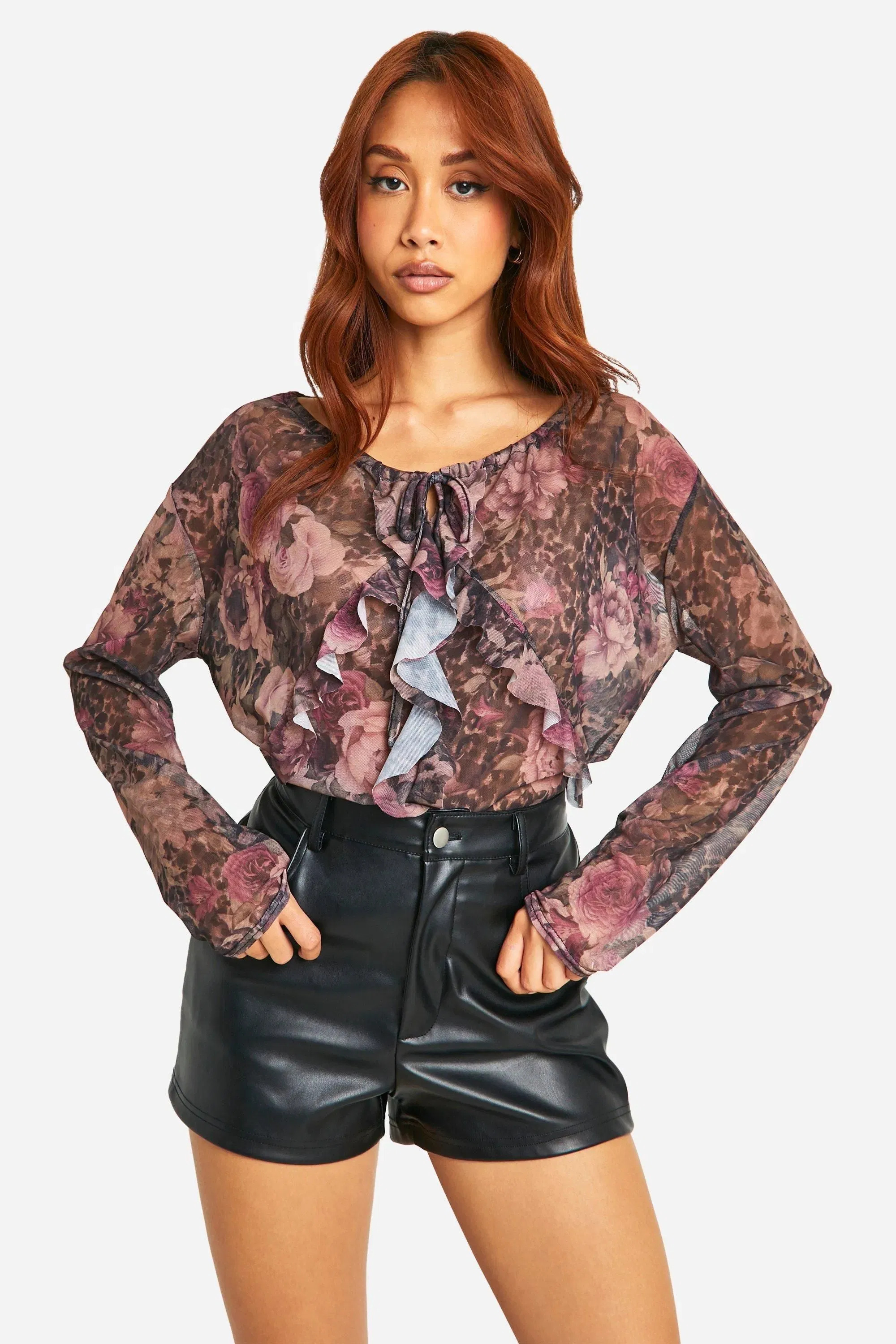 Mesh Frill Front Long Sleeve Top