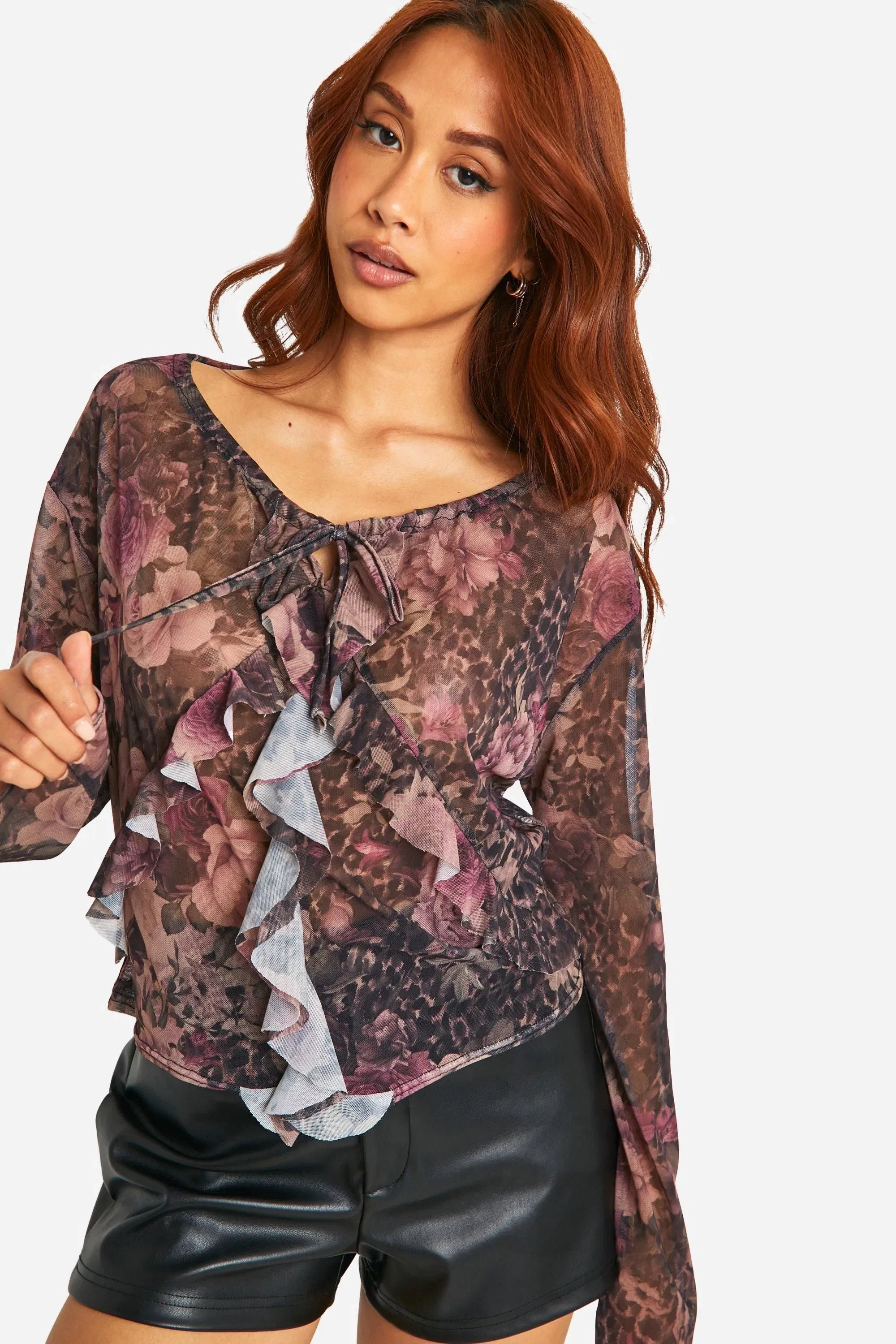 Mesh Frill Front Long Sleeve Top