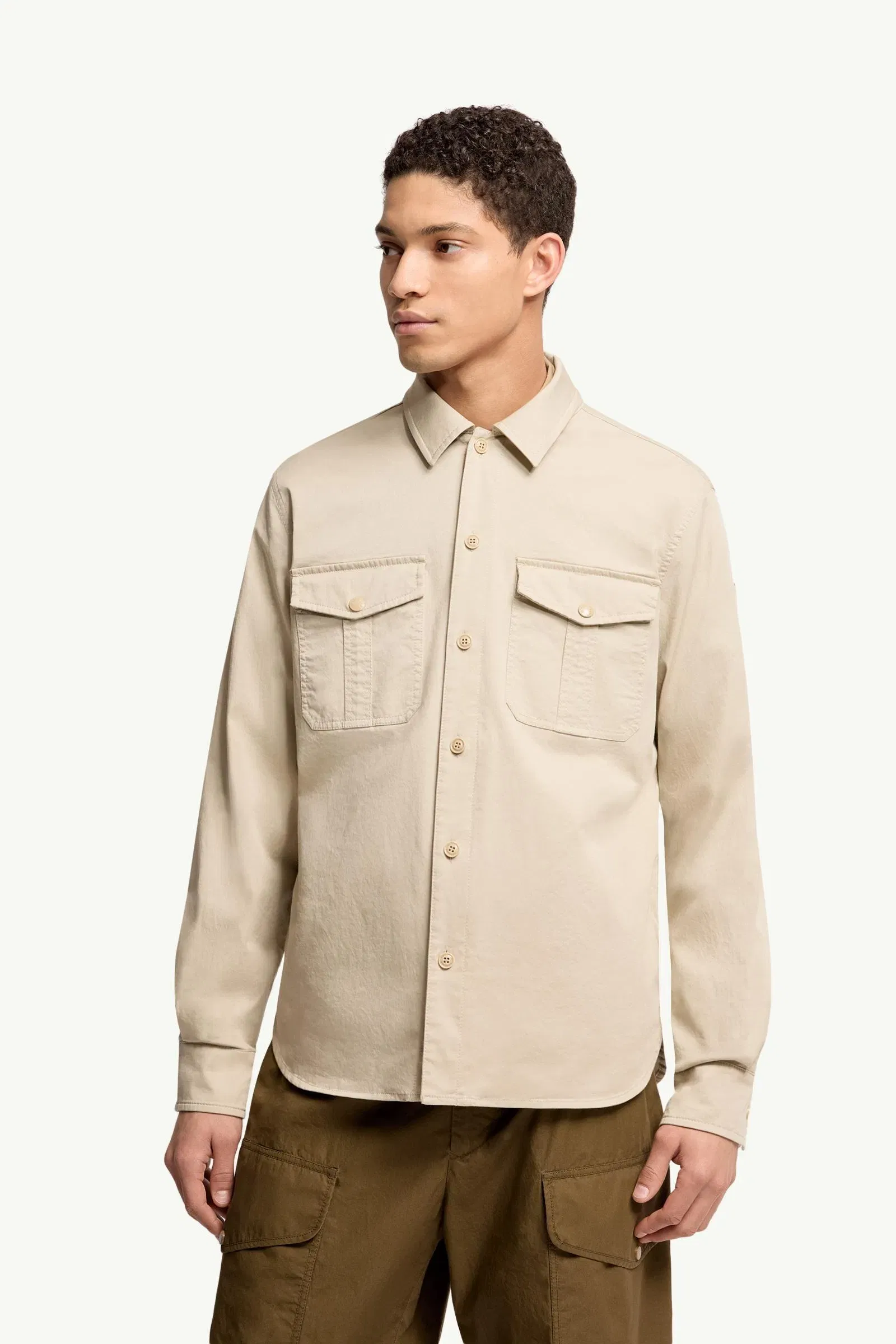 Moncler Cotton Blend Gabardine Long Sleeve Shirt Light Beige Light Beige