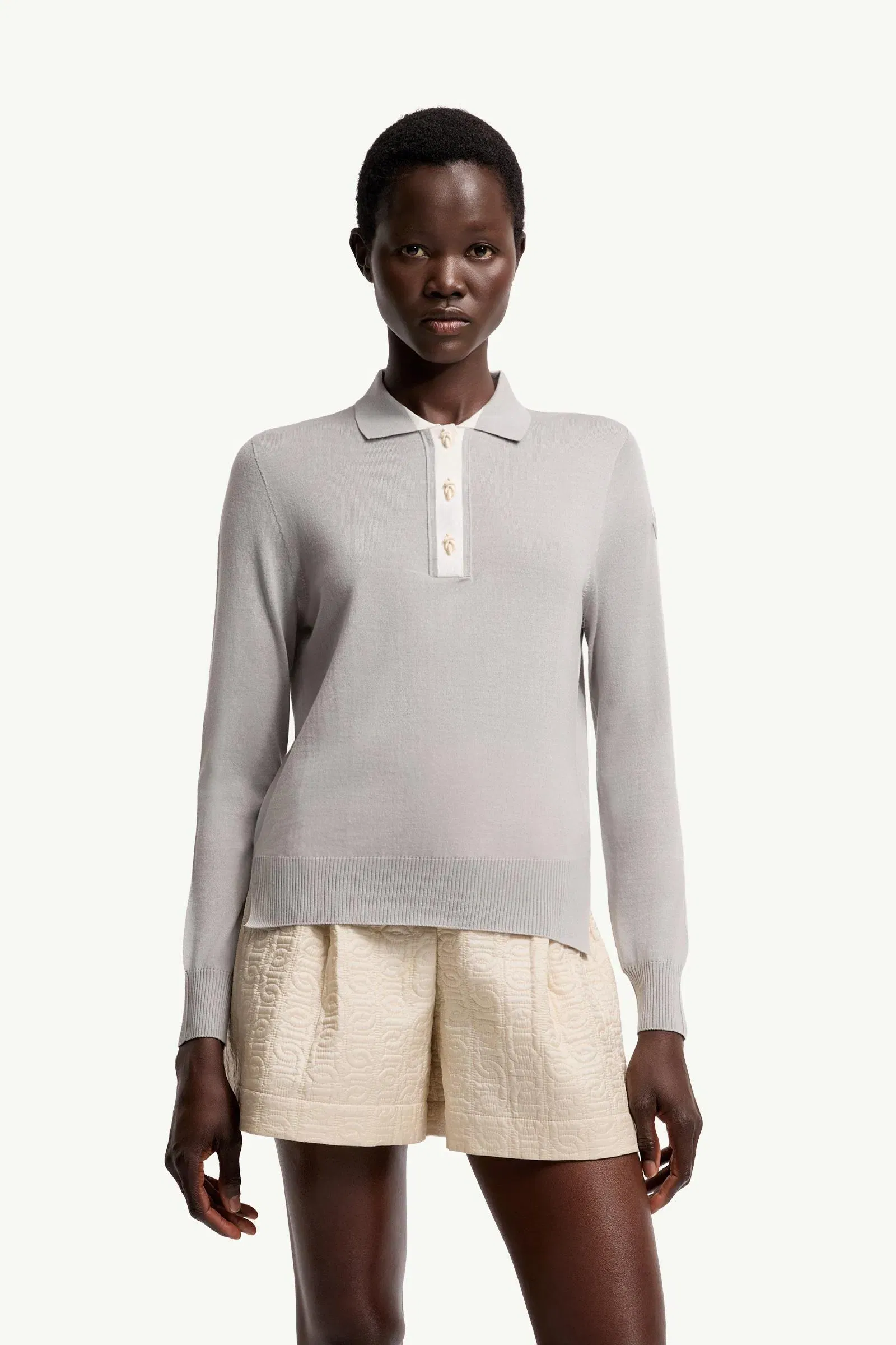 Moncler Wool Long Sleeve Polo Shirt Grey Grey