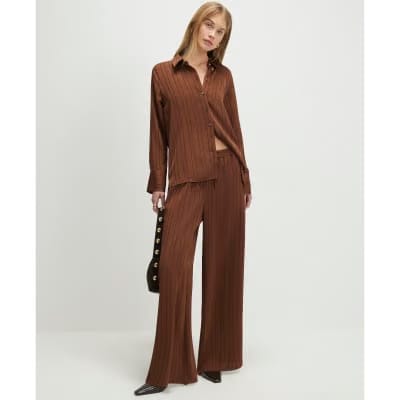 Brown Satin Striped Crinkle Blouse