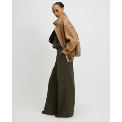 Khaki Jersey Tailored Wide Leg Trousers