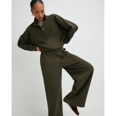Khaki Jersey Tailored Wide Leg Trousers