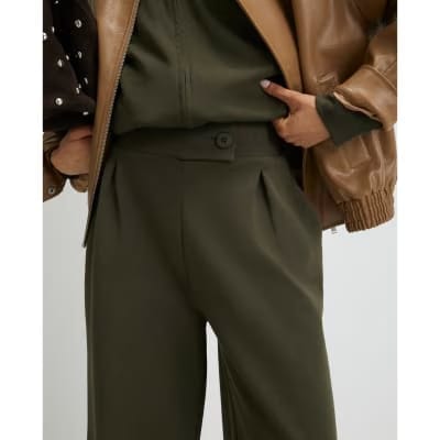 Khaki Jersey Tailored Wide Leg Trousers