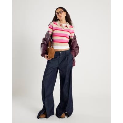 Pink Knit Striped Short Sleeve Polo Top