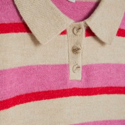Pink Knit Striped Short Sleeve Polo Top