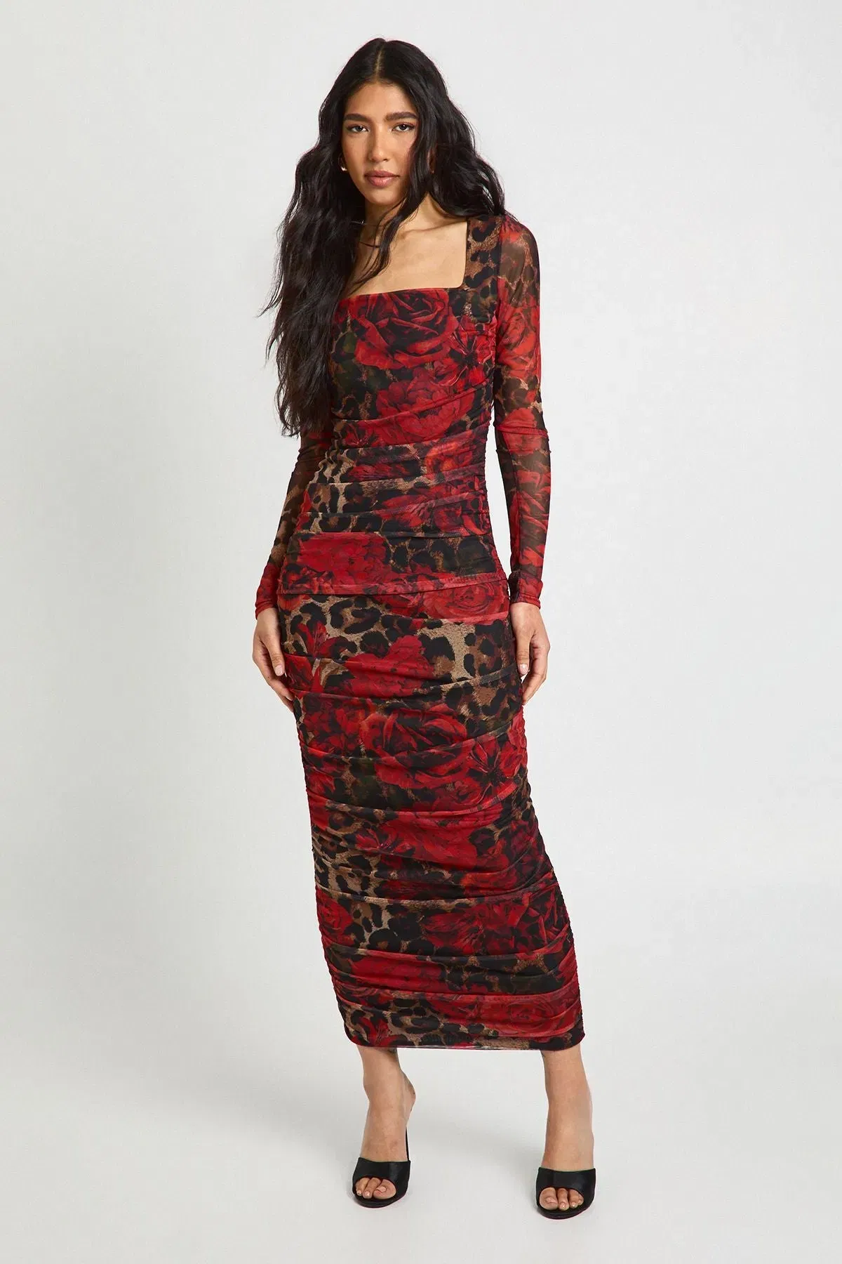 Tall Leopard Floral Mesh Square Neck Ruched Midi Dress
