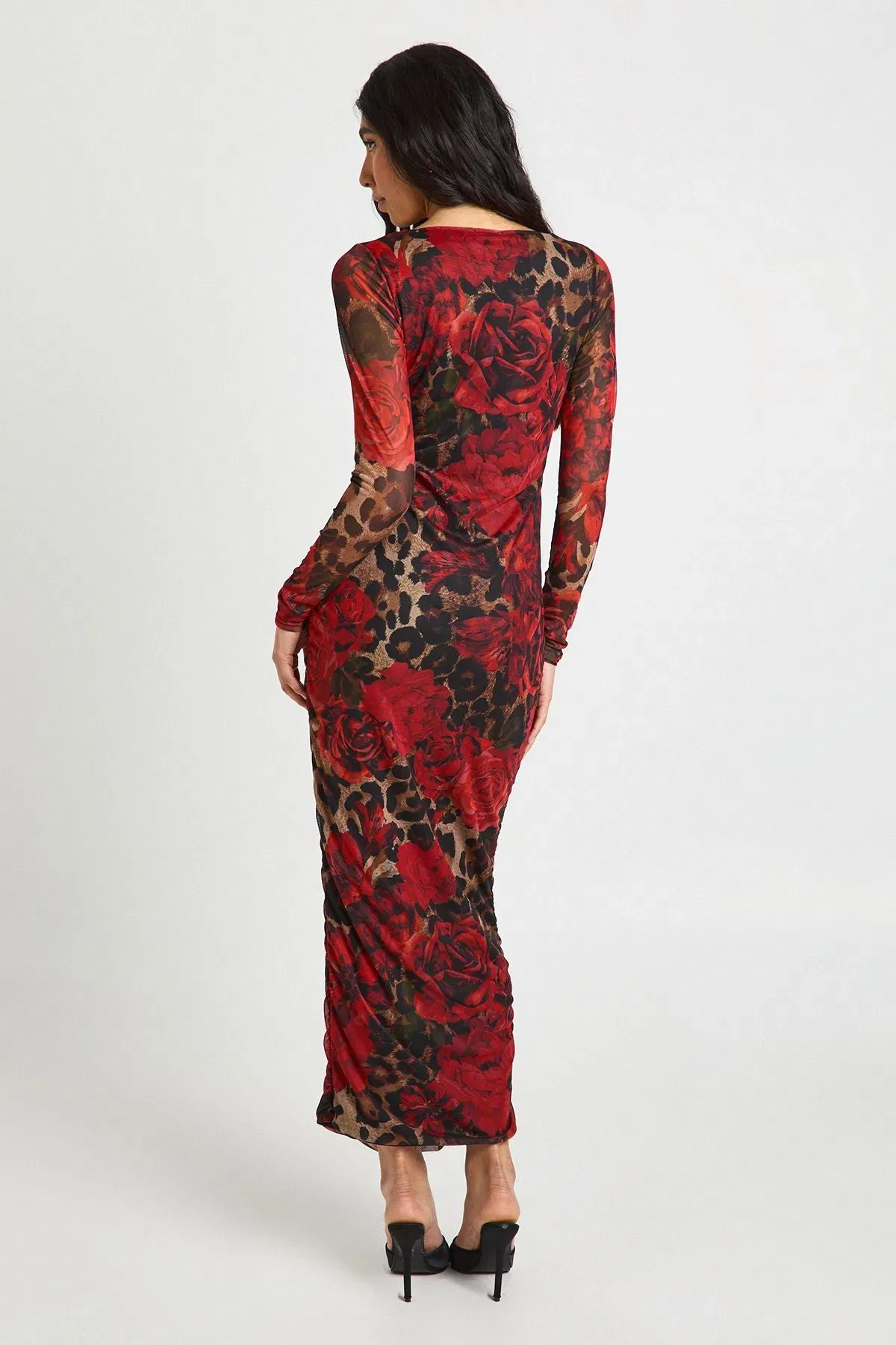 Tall Leopard Floral Mesh Square Neck Ruched Midi Dress