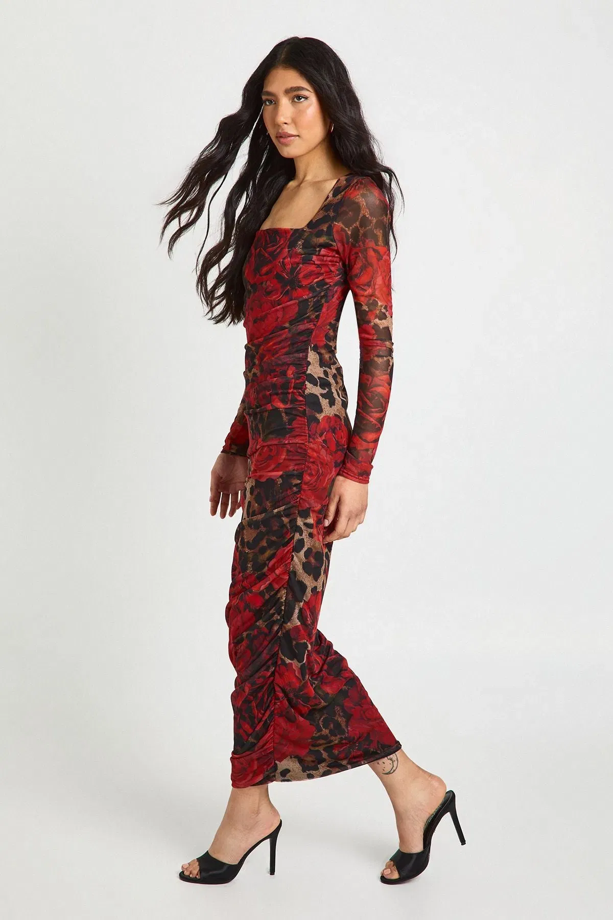 Tall Leopard Floral Mesh Square Neck Ruched Midi Dress