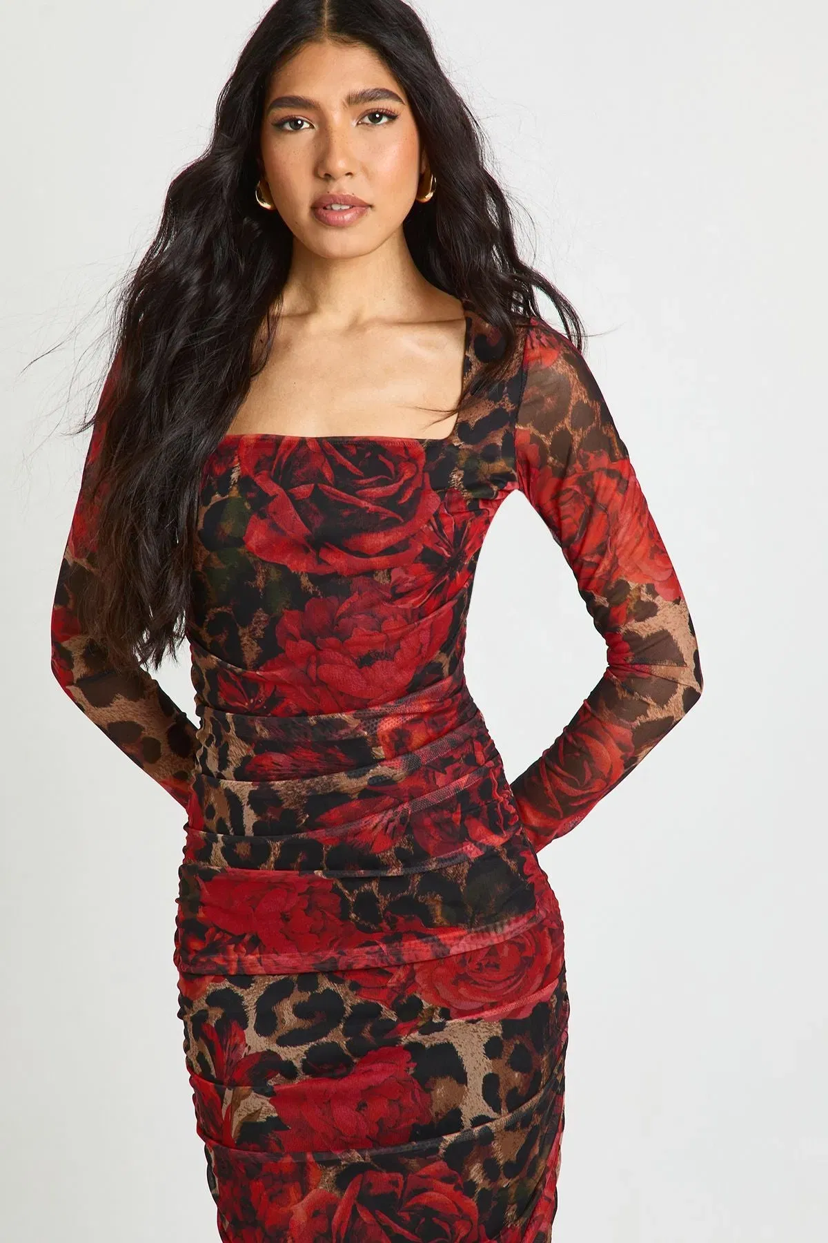 Tall Leopard Floral Mesh Square Neck Ruched Midi Dress