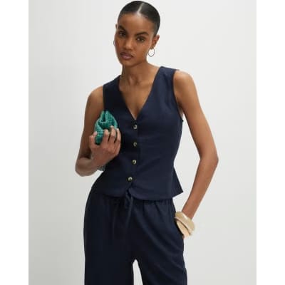 Navy Linen Blend Waistcoat
