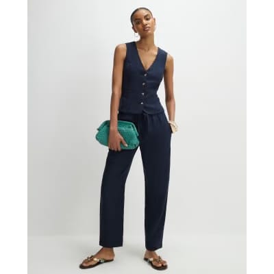 Navy Linen Blend Waistcoat