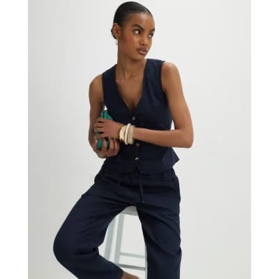 Navy Linen Blend Waistcoat