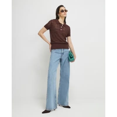 Brown Stitched Knit Polo Top
