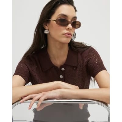 Brown Stitched Knit Polo Top
