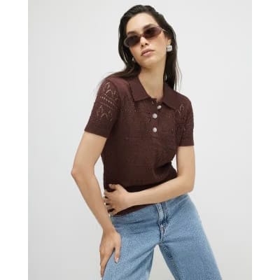 Brown Stitched Knit Polo Top