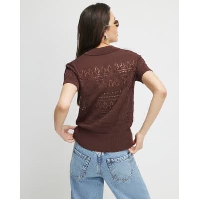 Brown Stitched Knit Polo Top