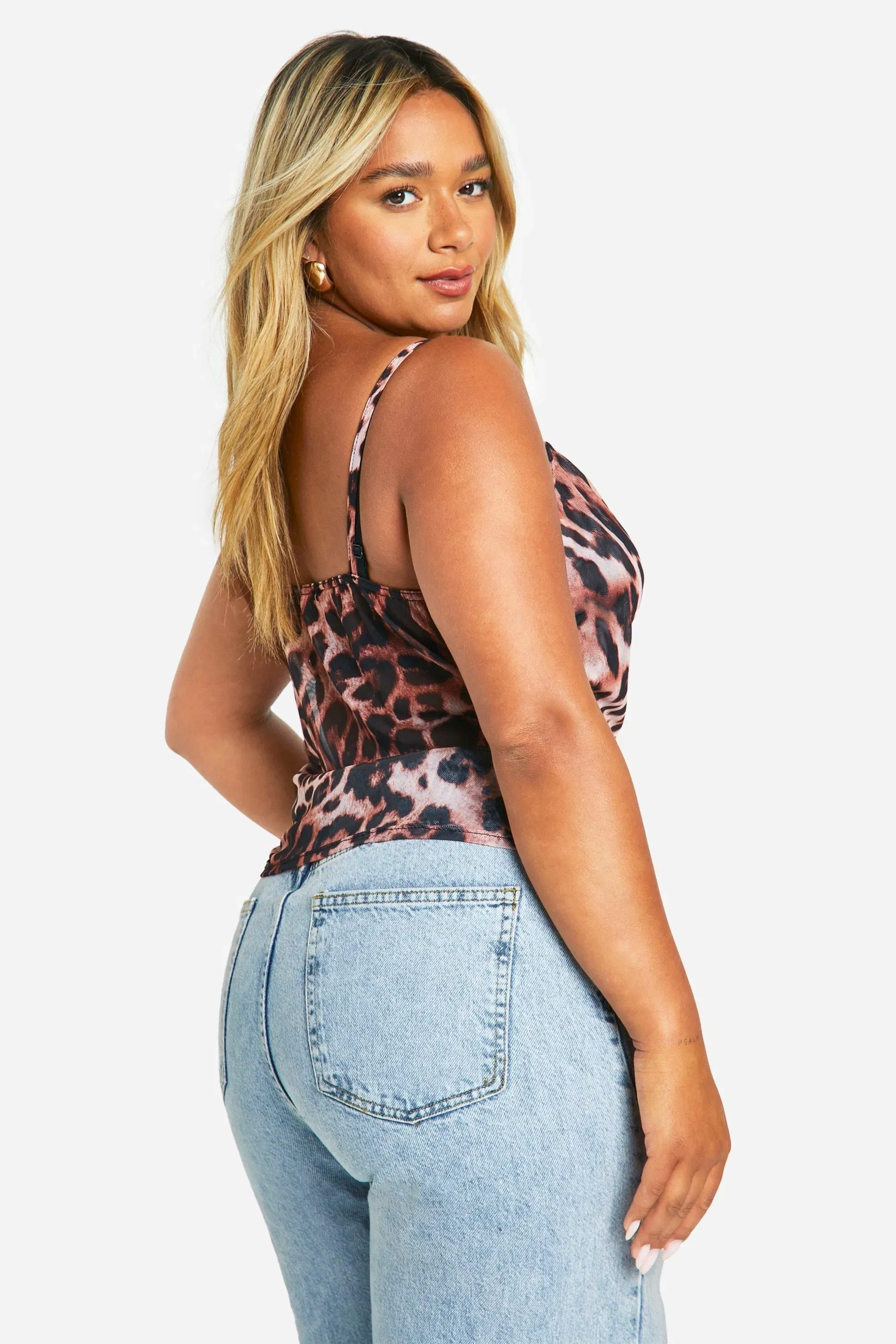 Plus Mesh Leopard Print Cowl Top