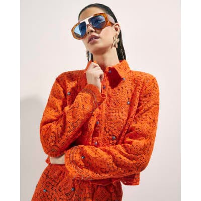 Orange Crochet Long Sleeve Embellished Shirt