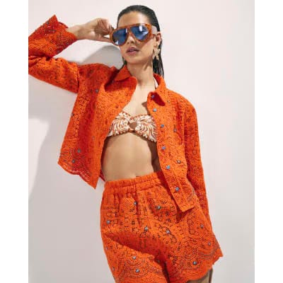 Orange Crochet Long Sleeve Embellished Shirt