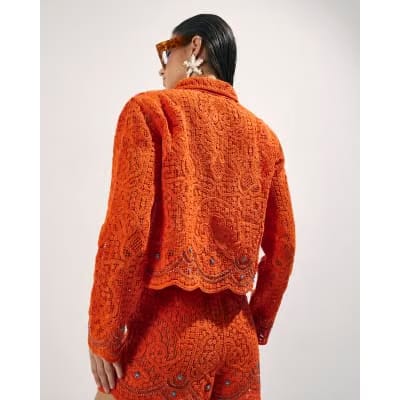 Orange Crochet Long Sleeve Embellished Shirt