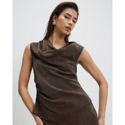 Brown Hammered Faux Leather Ruched Detail Top
