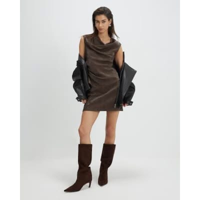 Brown Hammered Faux Leather Ruched Detail Top