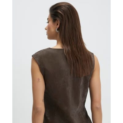 Brown Hammered Faux Leather Ruched Detail Top