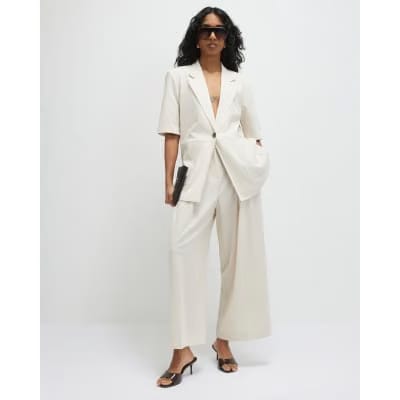 Beige Ankle Grazer Tailored Trousers
