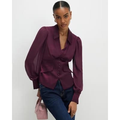 Purple Long Sleeve Corset Detail Blouse