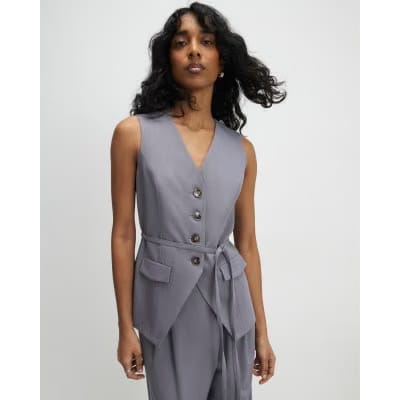 Grey Sleeveless Tie Detail Waistcoat