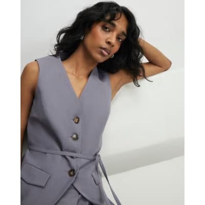 Grey Sleeveless Tie Detail Waistcoat