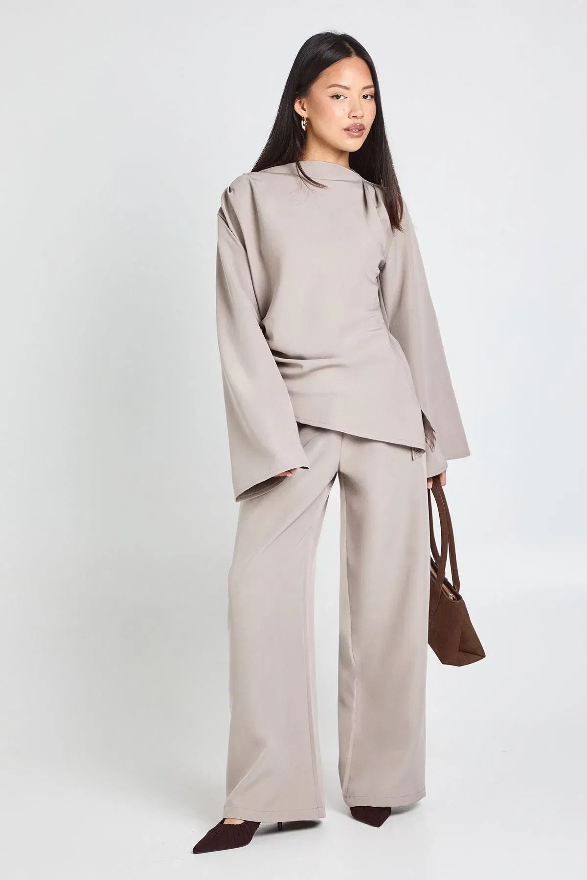 Petite Draped Asymmetric Top & Wide Leg Trouser Co-ord