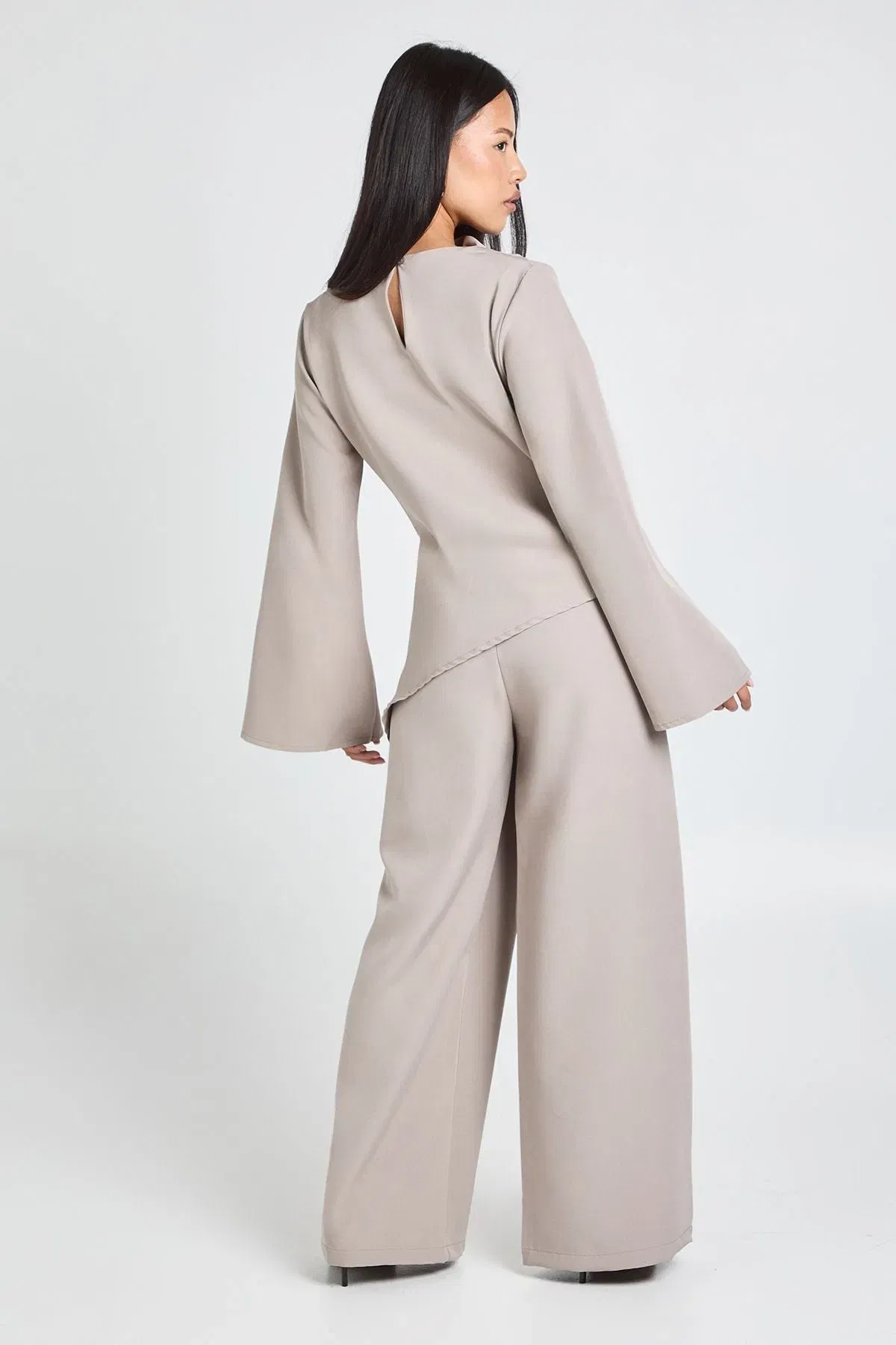 Petite Draped Asymmetric Top & Wide Leg Trouser Co-ord