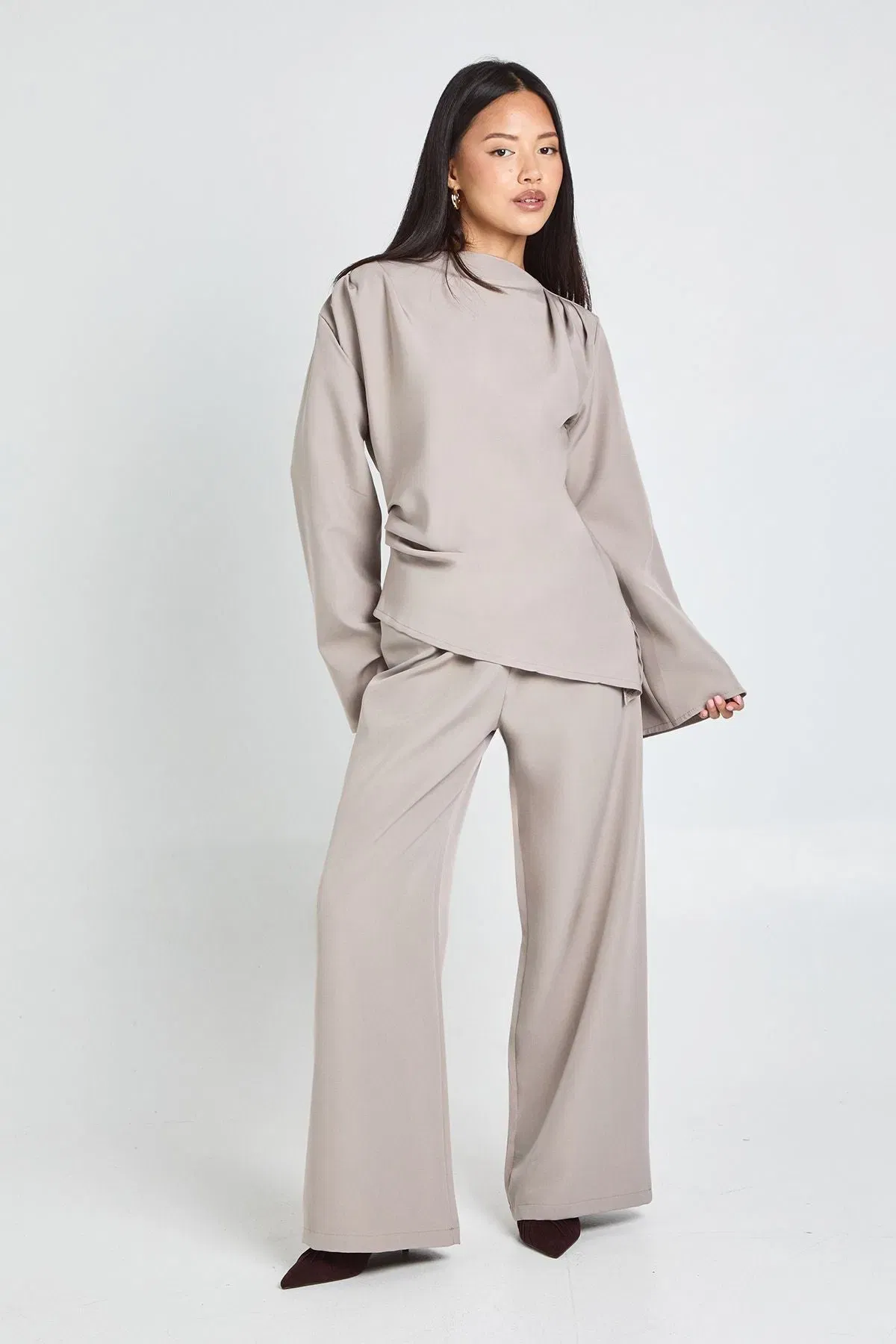 Petite Draped Asymmetric Top & Wide Leg Trouser Co-ord