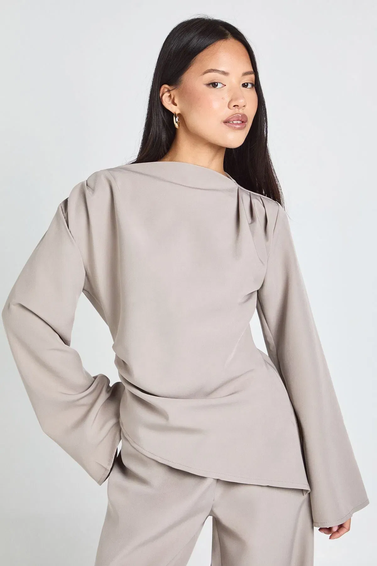 Petite Draped Asymmetric Top & Wide Leg Trouser Co-ord