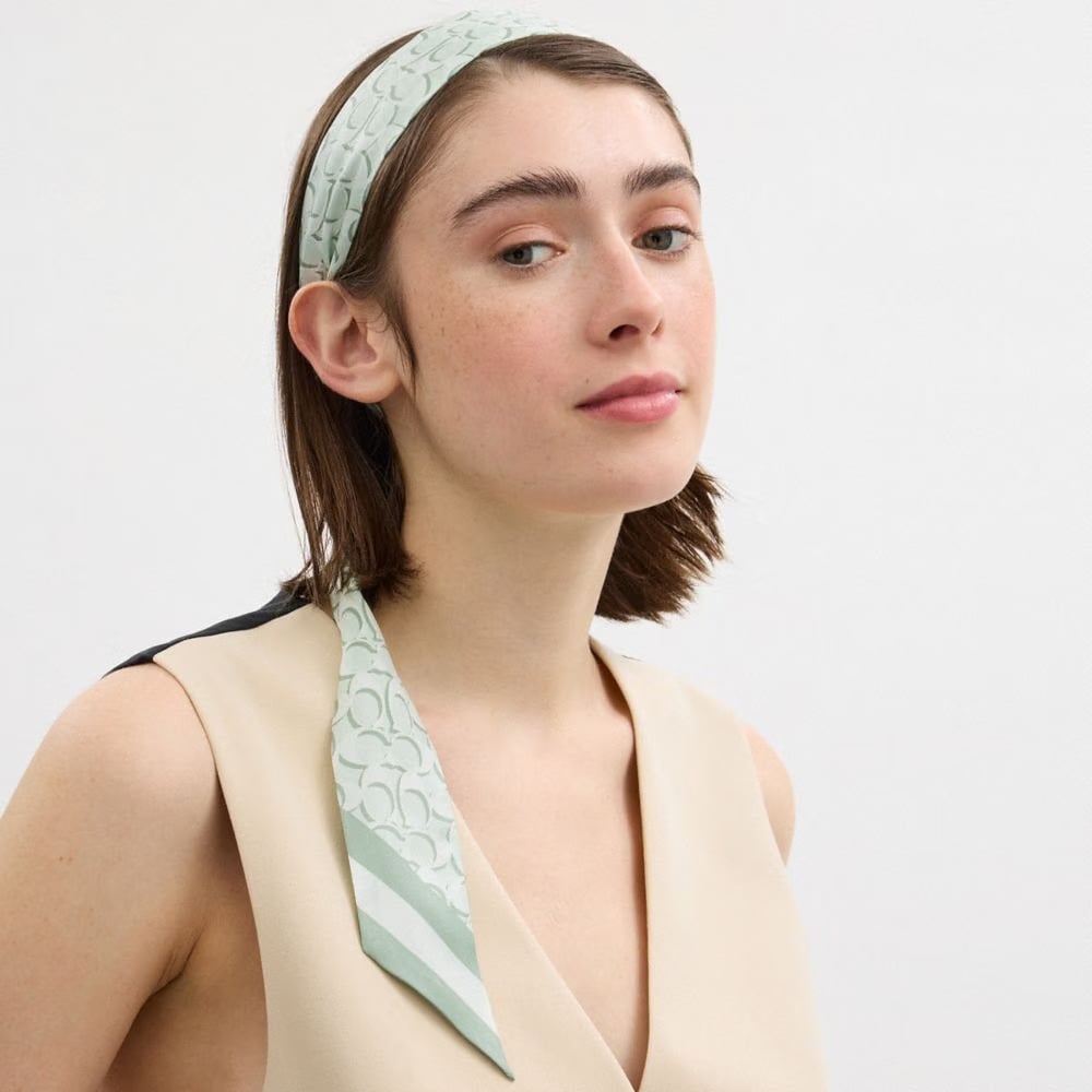 Coach Signature Print Silk Skinny Scarf Pistachio