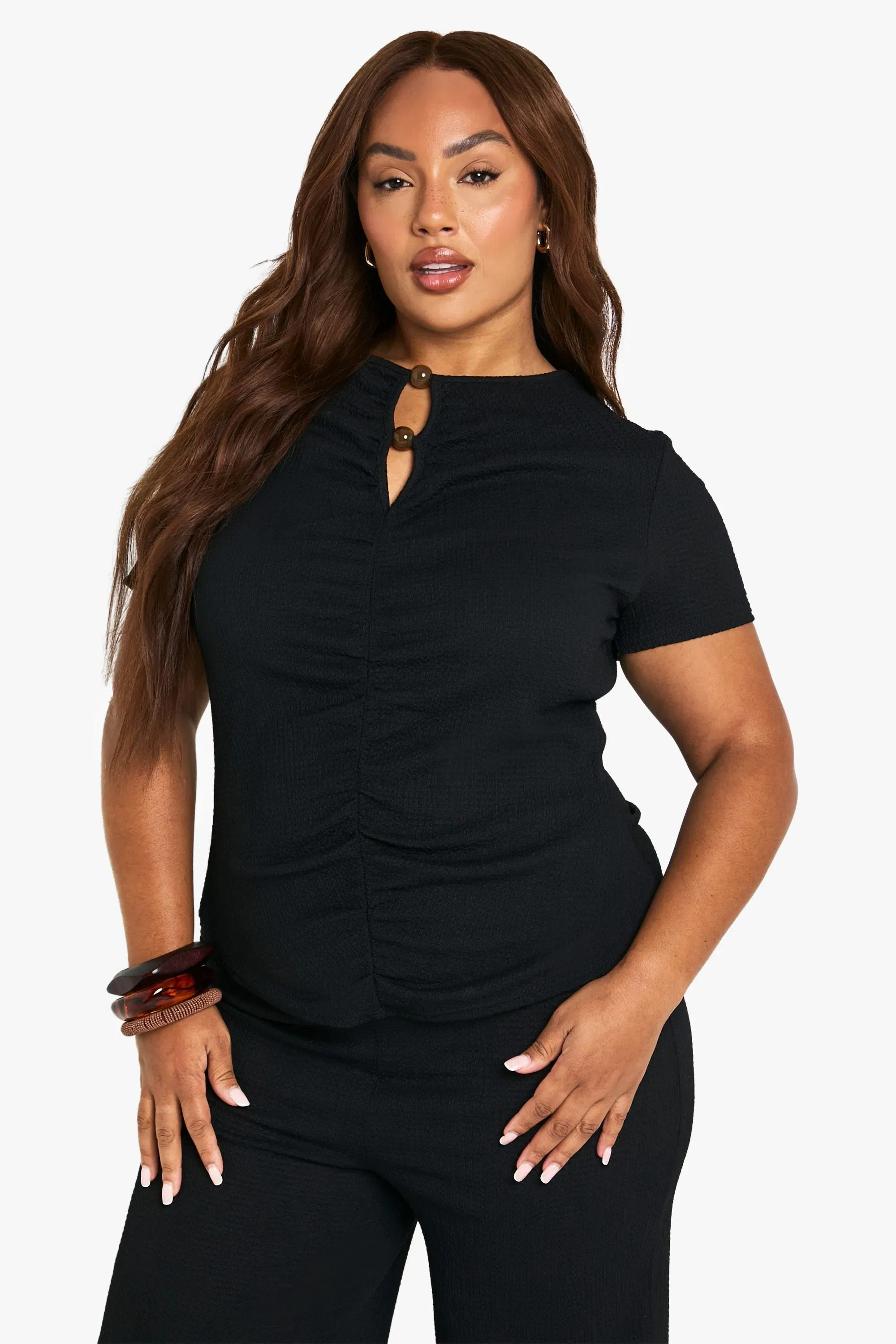 Plus Crinkle Button Sleeve Top