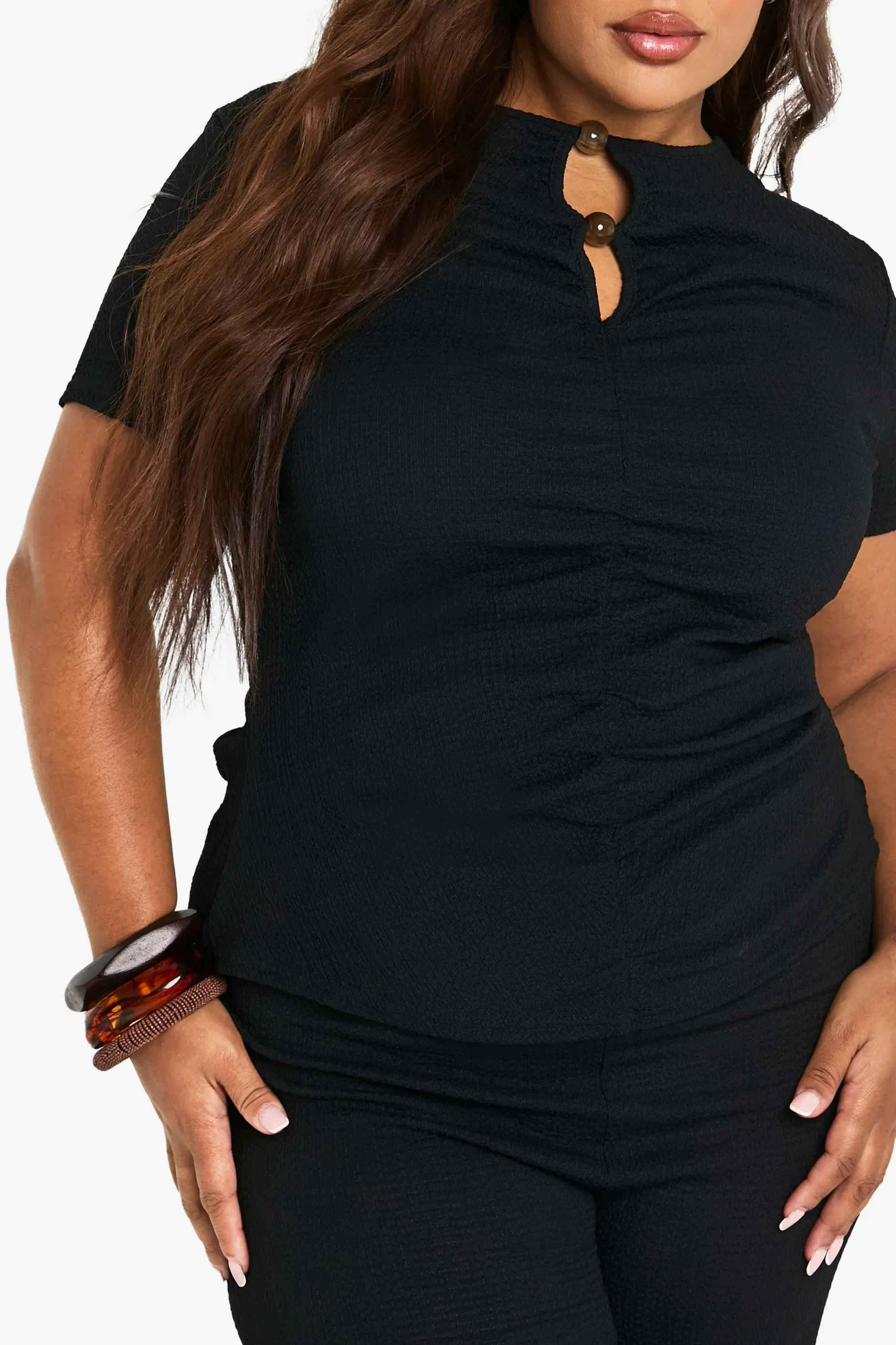 Plus Crinkle Button Sleeve Top
