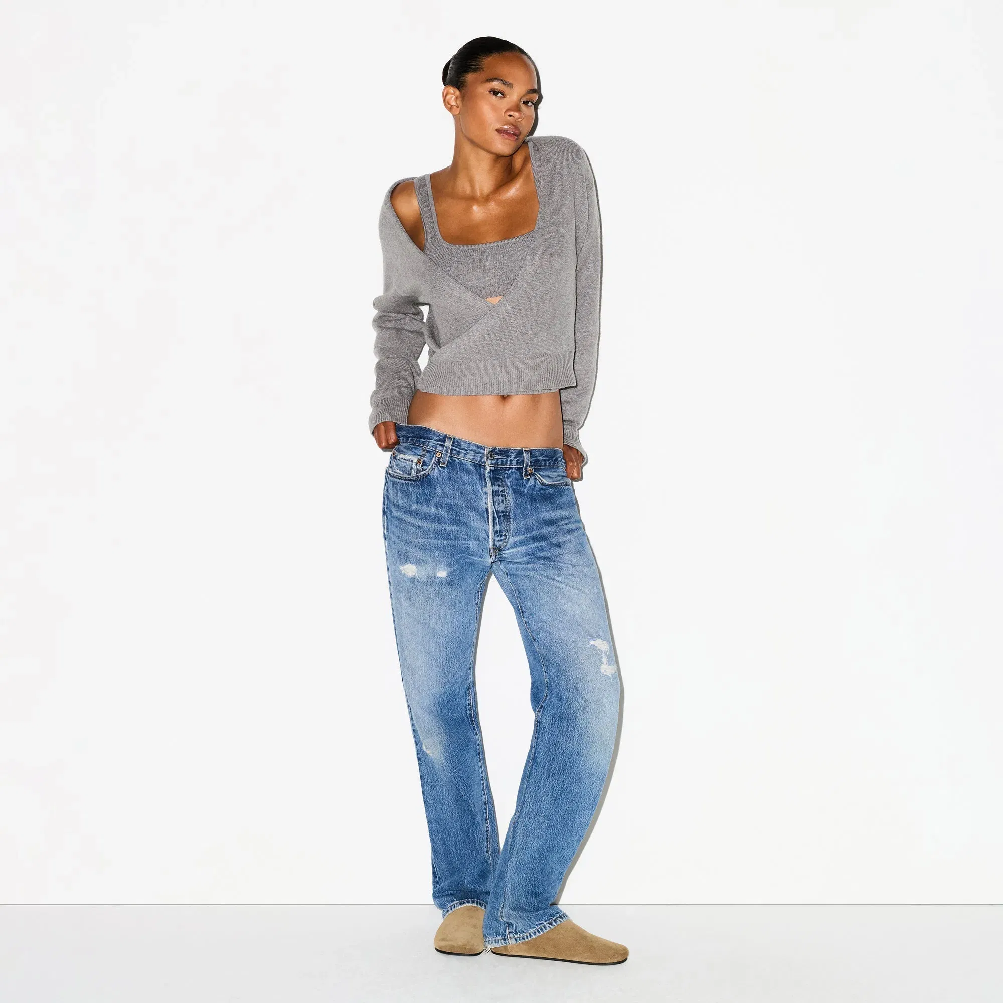 TEXTURED KNIT WRAP SWEATER | DARK HEATHER GREY