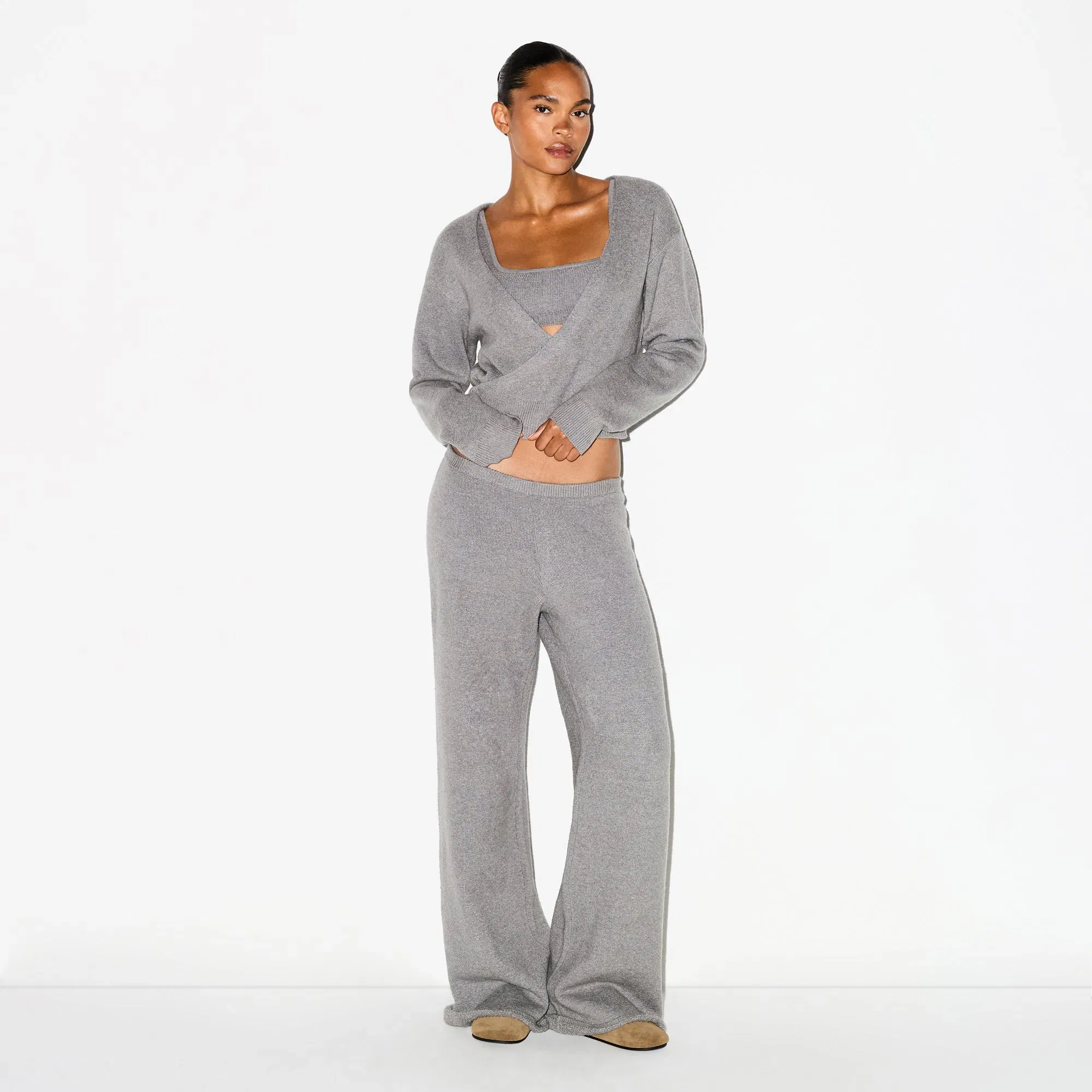 TEXTURED KNIT WRAP SWEATER | DARK HEATHER GREY