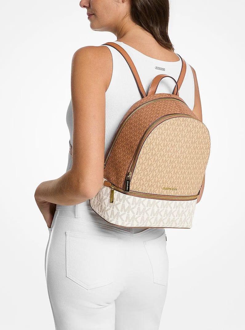 Michael Kors Rhea Medium Color-Block Signature Logo Backpack Camel Mlt