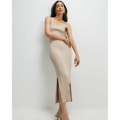 Beige Knitted Ribbed Midi Dress