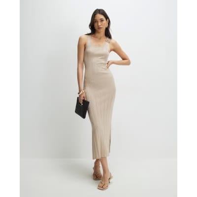Beige Knitted Ribbed Midi Dress